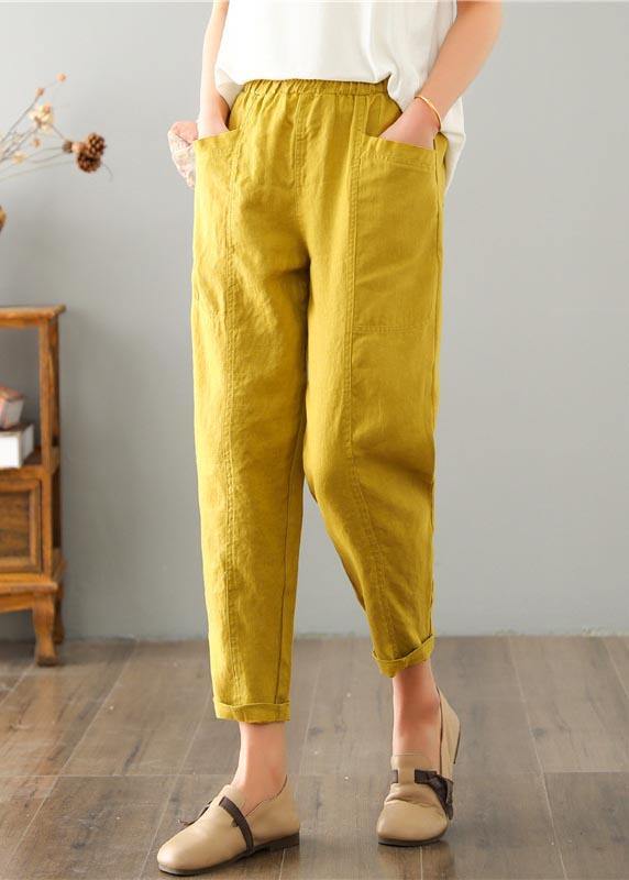 Yellow Pocket Cotton Patchwork Solid Color Pants