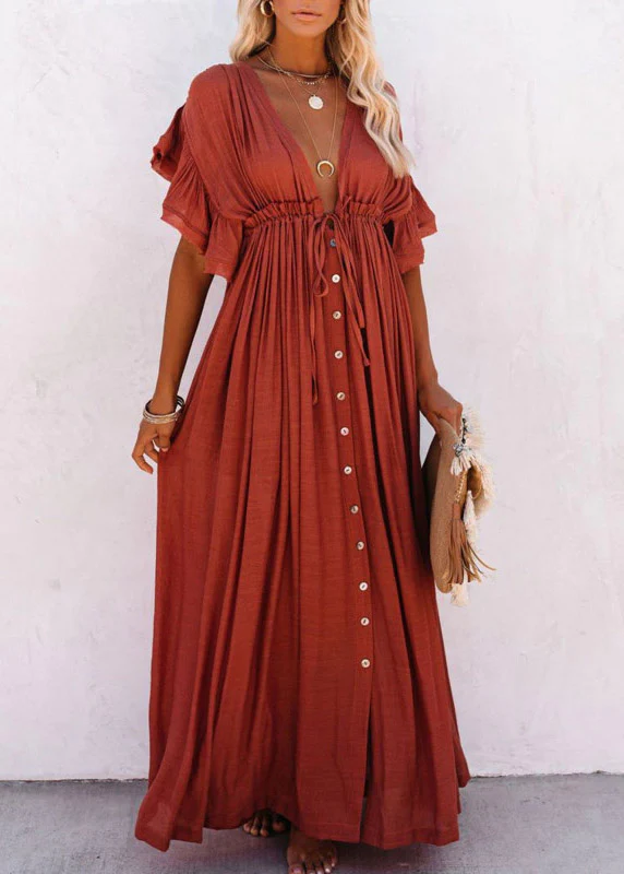 Bohemian Beach Drawstring Short Sleeve Button Down Dress