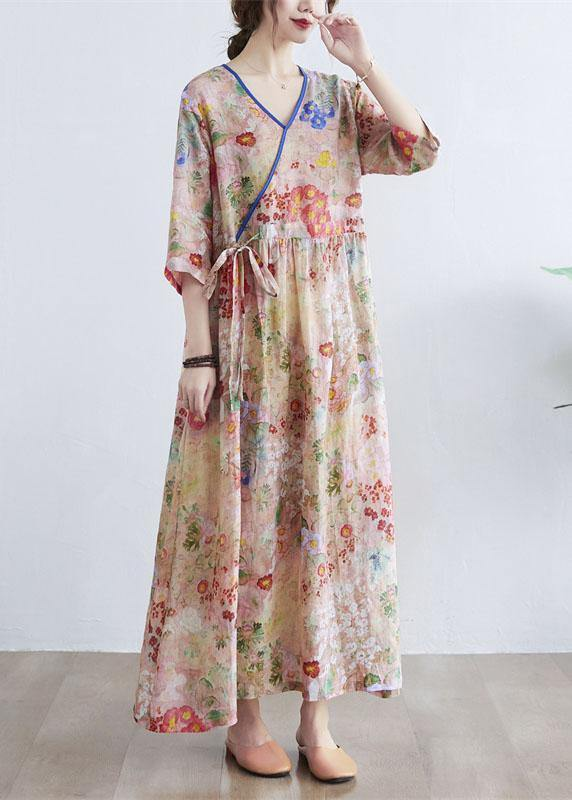 V-Neck Floral Tie Waist Dress Half Sleeve