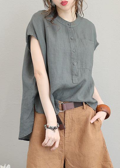 Round Neck Linen Top Women's Shirt Low High Design Loose Fit