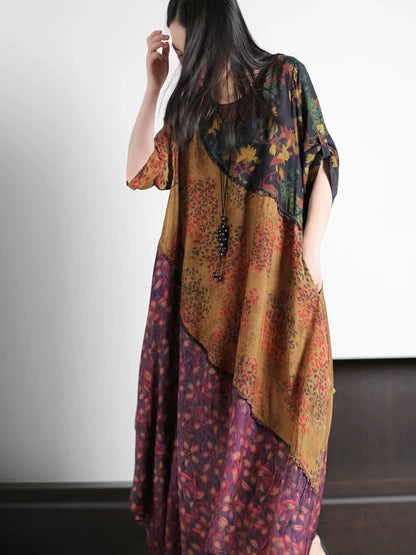 Loose round neck patchwork printed silk dress