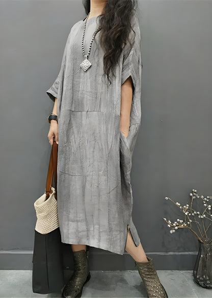 Women's Plus Size Round Neck Ruffled Side Opening Linen Long Dress Bat Sleeve