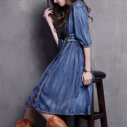 V-Neck Embroidered Tie Button Short Sleeve Shirt Denim Dresses