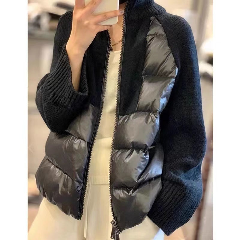 High neck zipper knit patchwork jacket