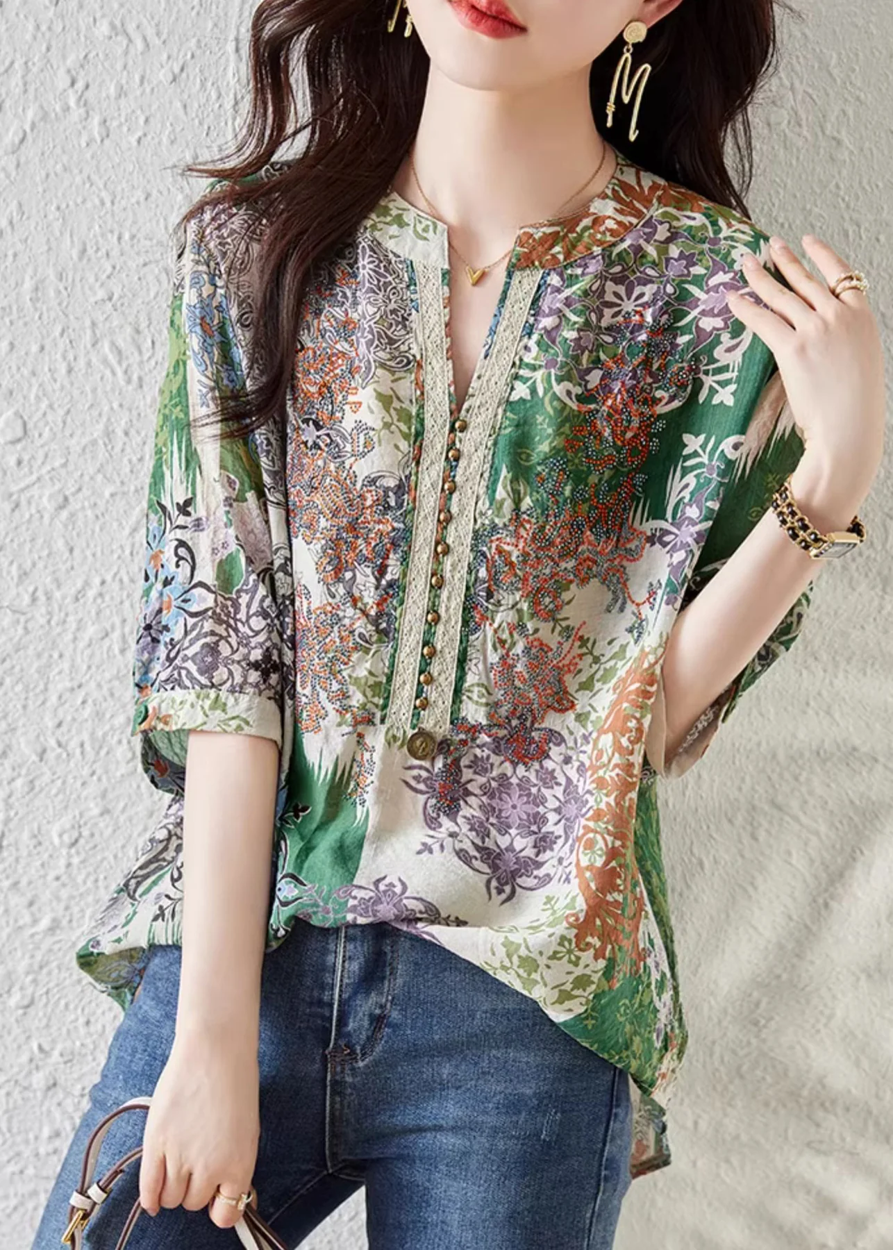 Women's Plus Size Green V-Neck Printed Shirt Summer