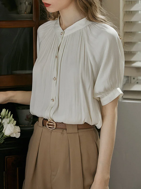 Women's White Round Collar Button Pleated Short Bubble Sleeve Shirt Spring