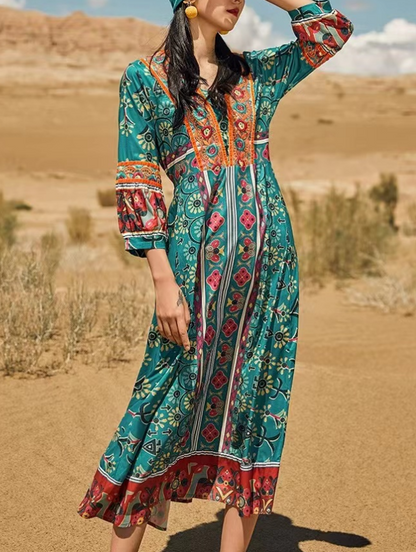 Bohemian V-Neck Printed Long Dress