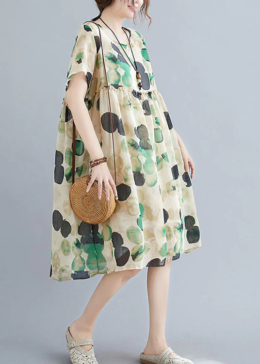 French Dot Print Linen Short Sleeve Dress