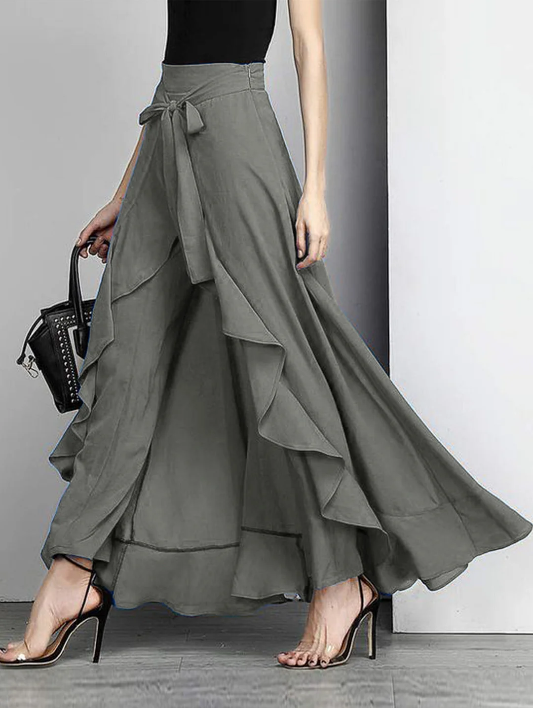 Loose High Waisted Spliced Ruffle Wide Leg Pants