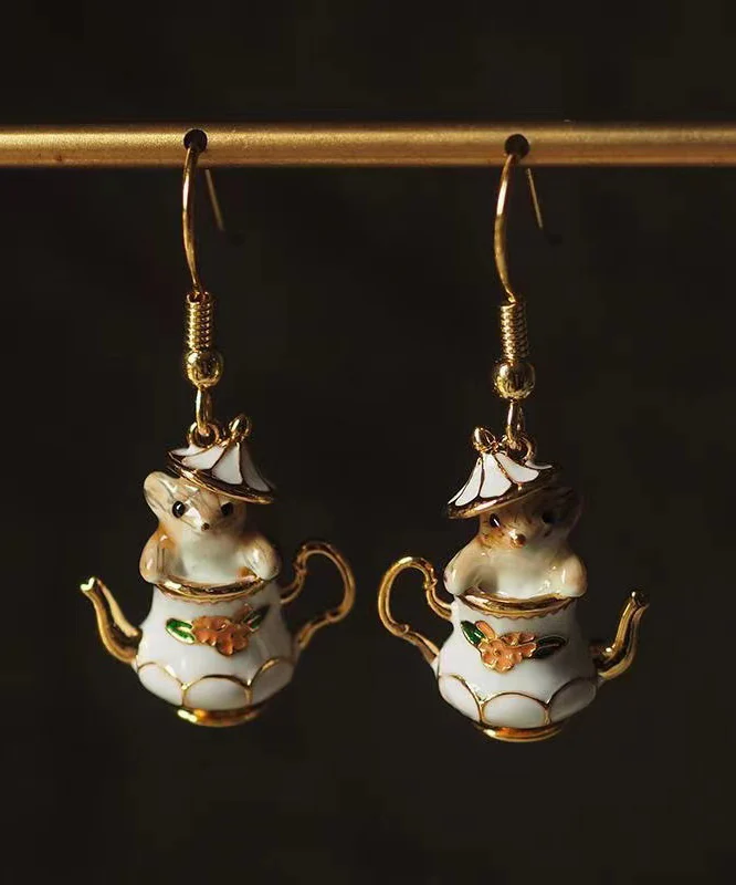 Women's Sterling Silver Gold Plated Teacup Squirrel Dangle Earrings