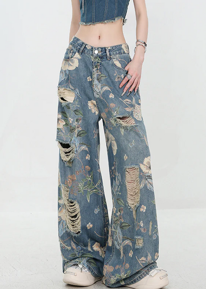 Personalised printed ripped high-waisted jeans