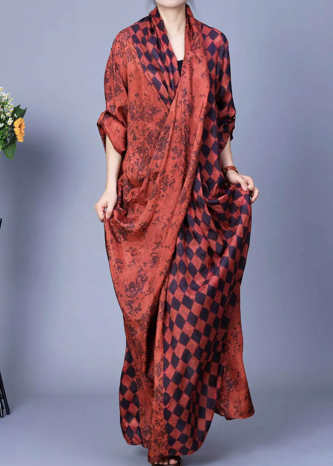 Women's Big Size V Neck Plaid Splicing Long Sleeve Long Gown Dress Spring