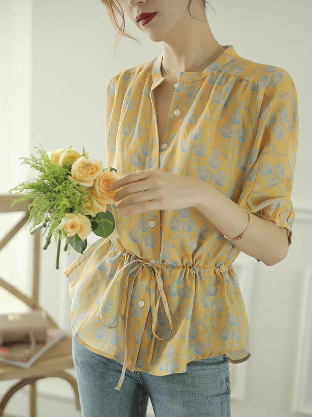 Elegant V-Neck Floral Print Cardigan Shirt Top