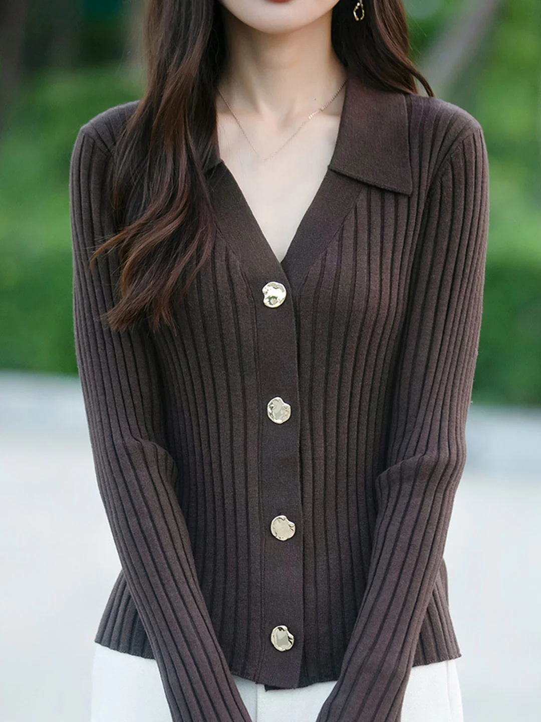 Women's Classic Lapel Ribbed Knit Cardigan Fall