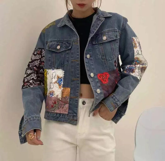 Fashion Irregular Patchwork Sequin Patch Denim Jacket Top