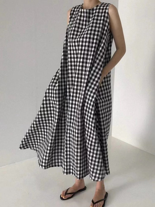 Elegant Round Neck Printed Plaid Sleeveless Long Dresses