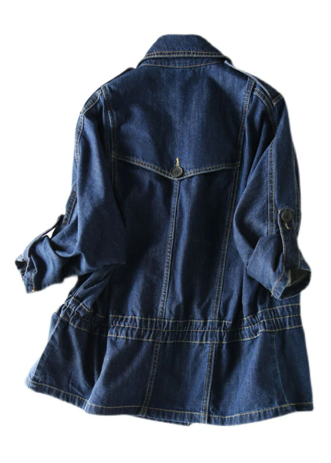 Stylish Lapel Pocket Drawstring Denim Jacket