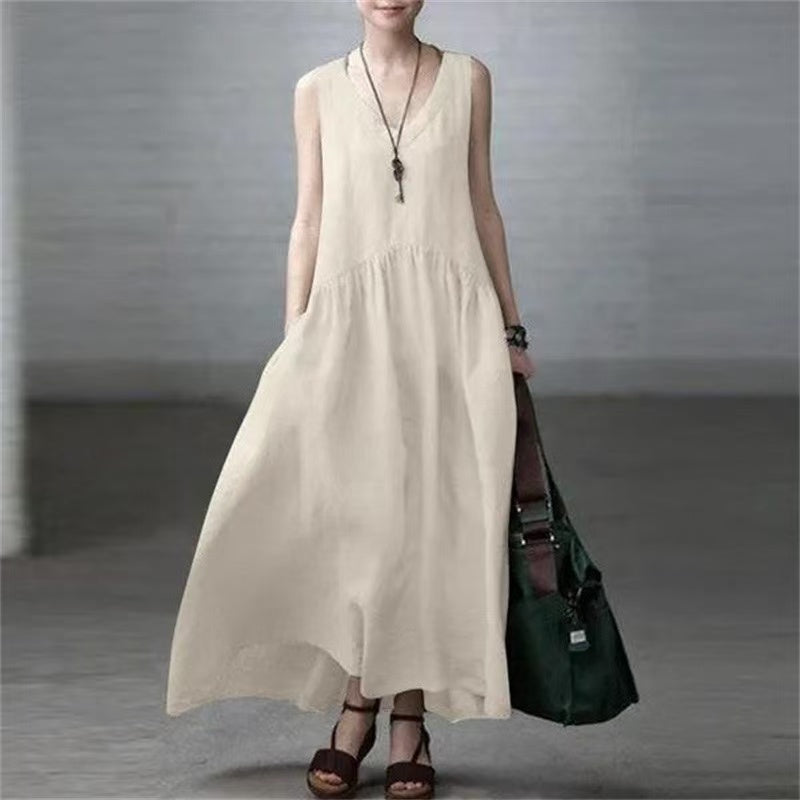 Loose V-neck cotton linen sleeveless dress