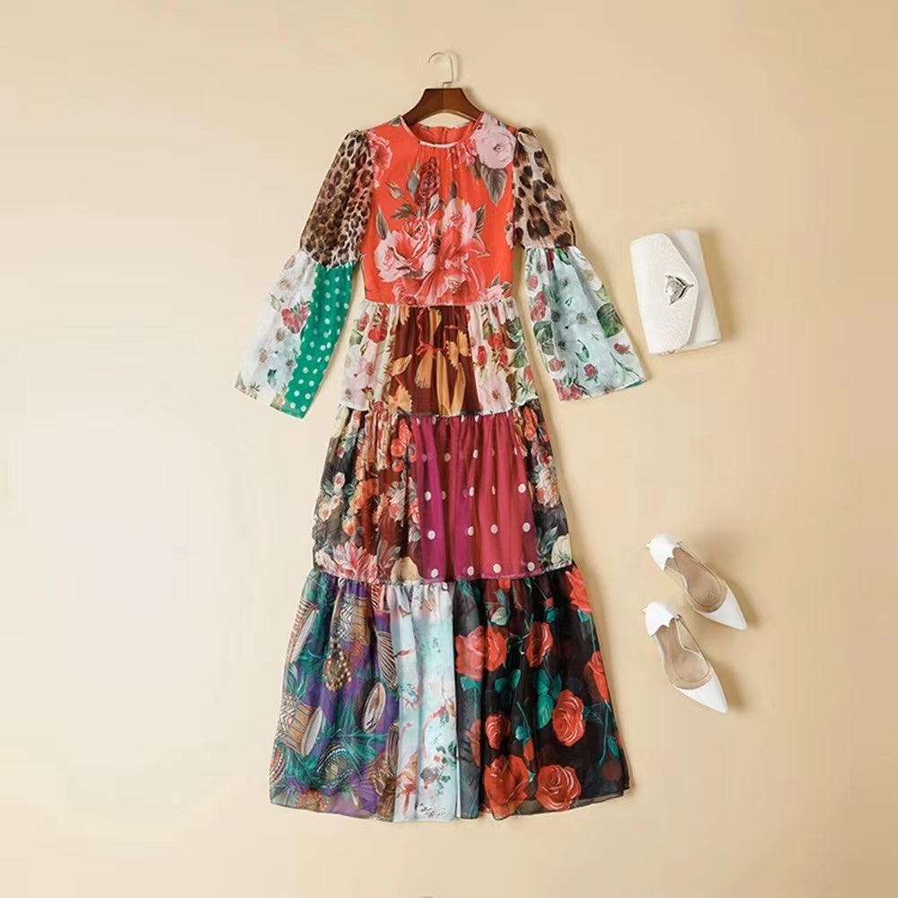 Elegant Printed Patchwork Flowing Hem Dress