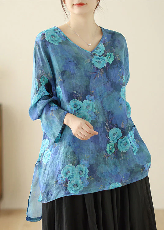 Chinese Blue Plus Size Flower Linen Shirt Long Sleeve Blouse Spring