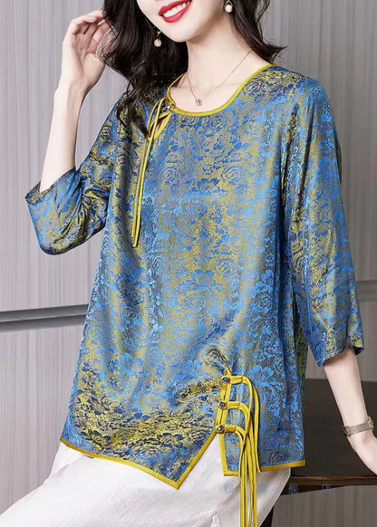 French Asymmetric Jacquard Silk Top Half Sleeve