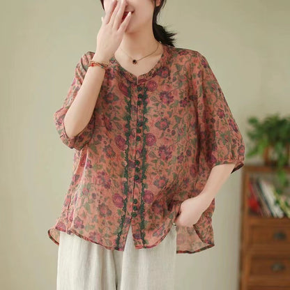 Elegant Printed Color Clash Cardigan Short Sleeve Cotton Blouse Top