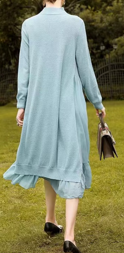 Loose Patchwork Long Stand-Up Collar Wool Dress