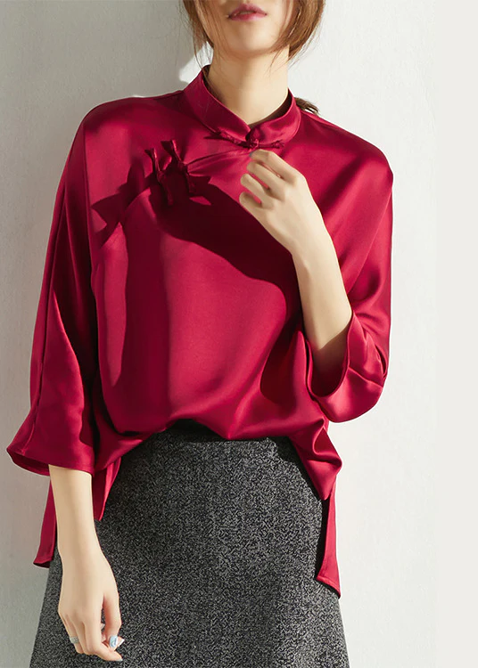 Elegant Standing Collar Side Split Silk Blouse Three-Quarter Top