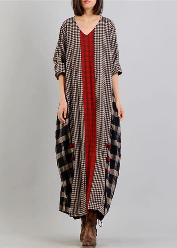 Women's Plaid V-Neck Patchwork Vintage Button Dress Spring