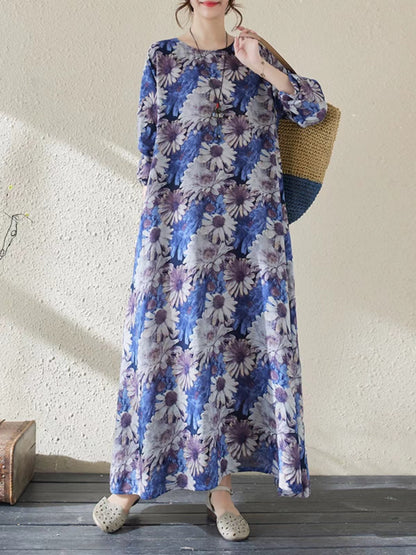 Round Neck Printed Long Sleeve Long Dresses