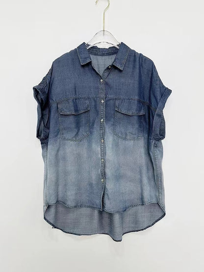 Fashion Gradient Breathable Tencel Pocket Cardigan Short Sleeve Shirt Denim