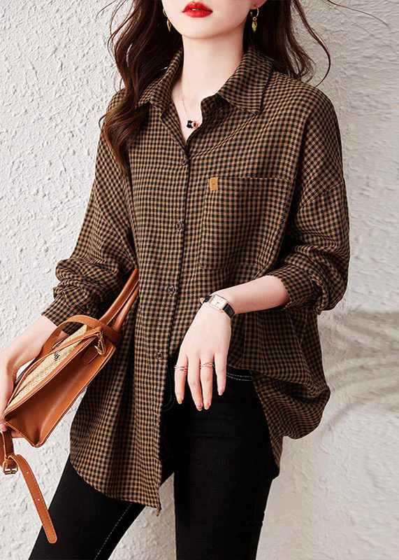 Fashion Plaid Pan Collar Pocket Patchwork Cotton Shirt Long Sleeve Top