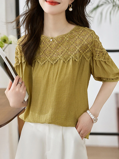 Elegant Lace Patchwork Cotton Interrupted Blouse Top