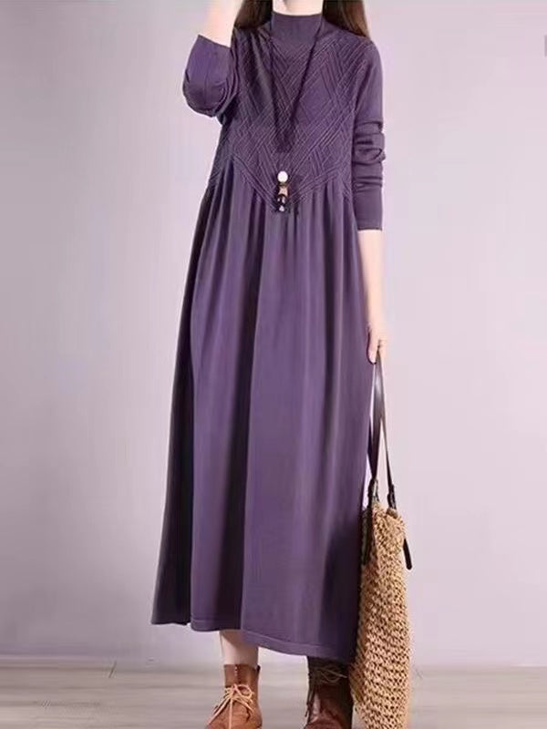 Loose Bohemian Purple High Neck Patchwork Solid Color Wool Knit Sweater Dress Long Sleeve