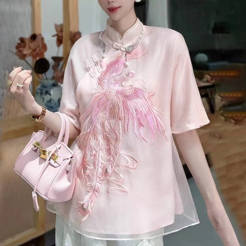 Chinese Embroidered Shirt Short Sleeve Thin Top