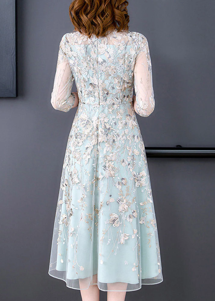 Elegant Round Neck Embroidered Floral Drawstring Organza Long Half Sleeve Dresses