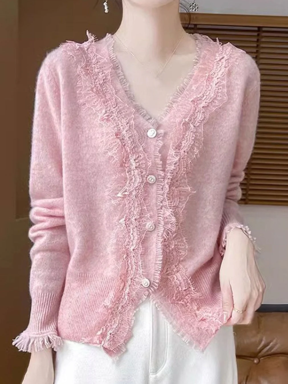 Women's V-Neck Lace Knit Cardigan Spring