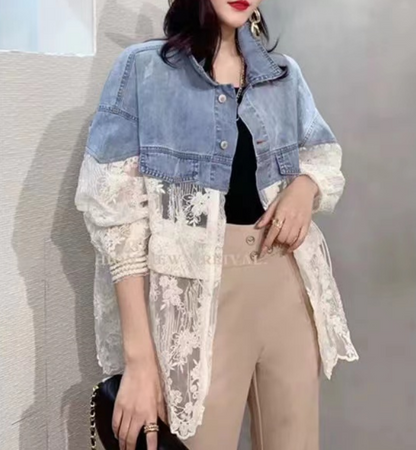 Fashion Lace Patchwork Sun Screen Denim Jacket