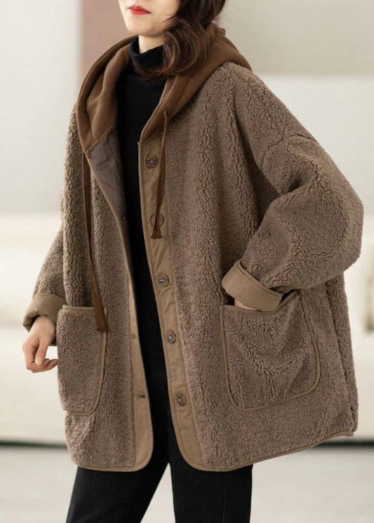 Patchwork Buttoned Thick Faux Fur Hooded Coat