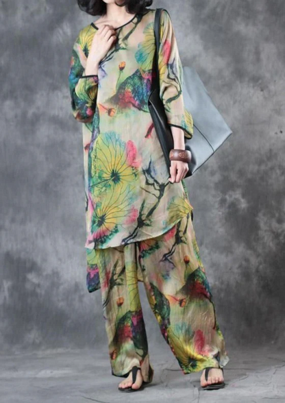 Printed Silk Top Loose Wide Leg Pants Two Piece Set