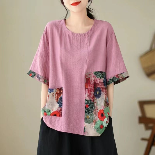 Casual Printed Spliced Round Neck Short Sleeve T-Shirt Top