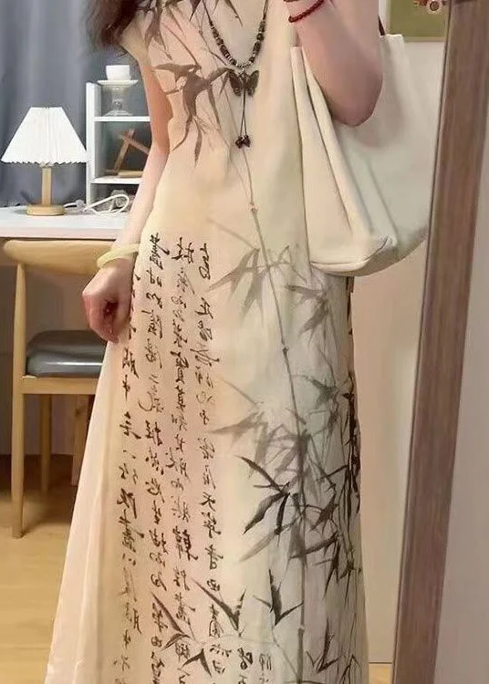 Women's Chinese Style Bamboo Ink Painting Text Tie Dress Spring