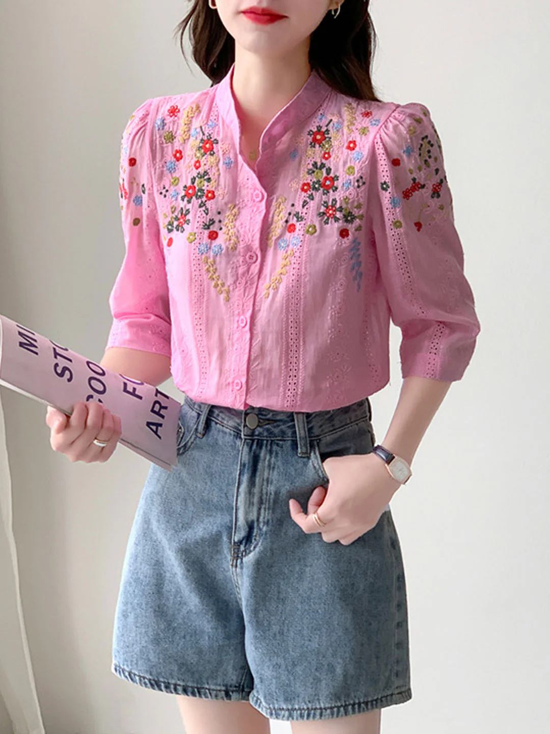 Elegant Embroidered Jacquard Short Sleeve Cardigan Shirt Top