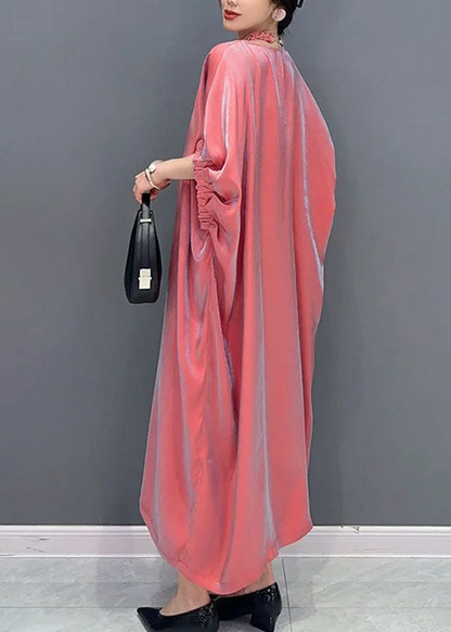 Elegant Pink Round Neck Silk Long Dress Short Sleeve