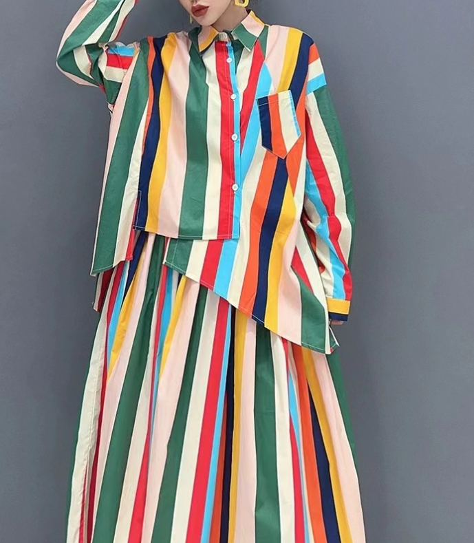 Fashion colorful striped shirt and half skirt two-piece set