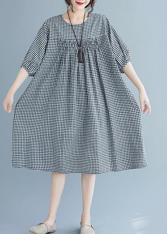 French O Neck Lantern Sleeve Black Plaid Dress