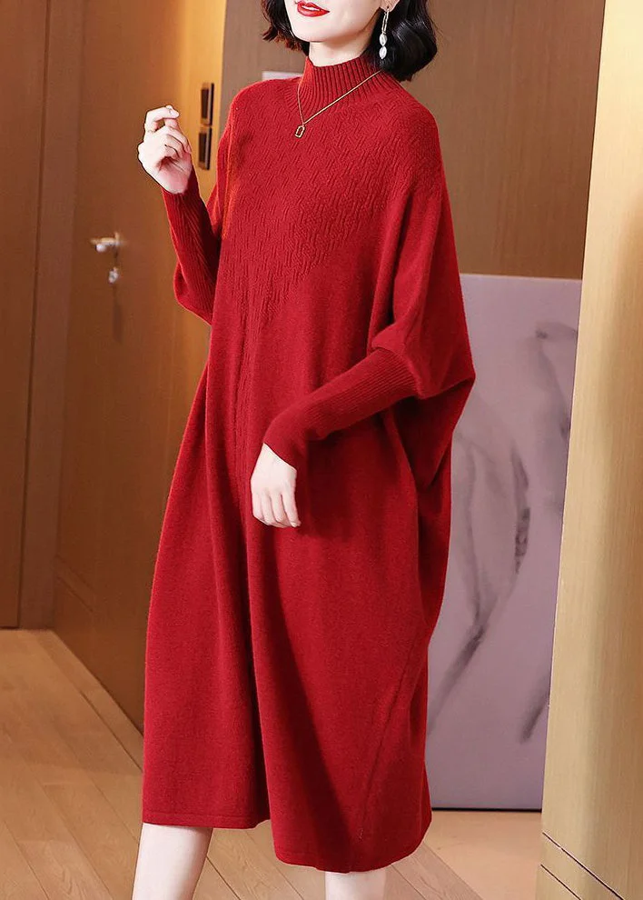 Elegant High Neck Comfortable Cotton Knit Maxi Dress Long Sleeve