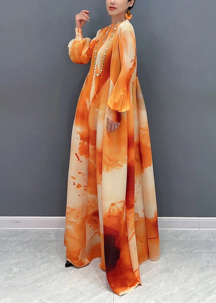 Women's Orange Print Patchwork Bubble Sleeve Dress Spring