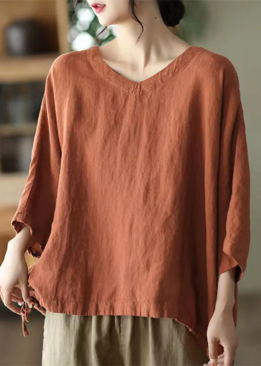 Casual Neck Embroidered Linen Top Long Sleeve