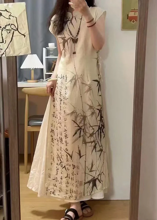 Women's Chinese Style Bamboo Ink Painting Text Tie Dress Spring